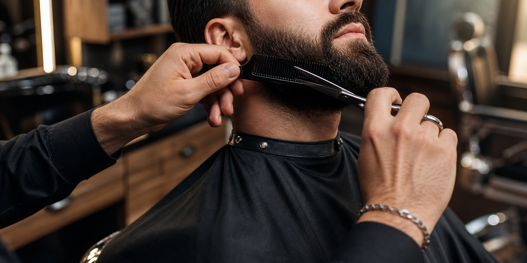 Barbero perfilando barba con tijera y peine en ZerOBab